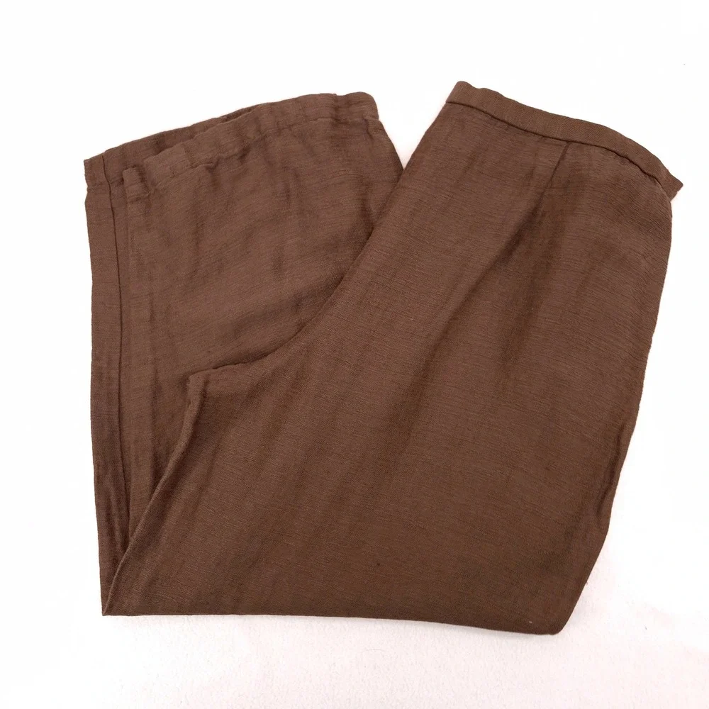 Eileen Fisher Wide Leg Pants Brown L Minimalist Quiet Luxury 100% Linen Trousers - Picture 3 of 9